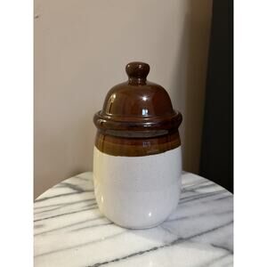 Vintage Ceramic Canister Brown White Cylinder With Lid Kitchen Storage Jar